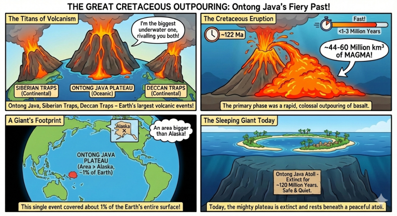 Comic infographic illustrating the massive Cretaceous eruption of Ontong Java Plateau, comparing it to Siberian and Deccan Traps, showing volume of 44-60 million km� magma in 1-3 million years, covering 1% of Earth's surface, now extinct beneath peaceful atoll